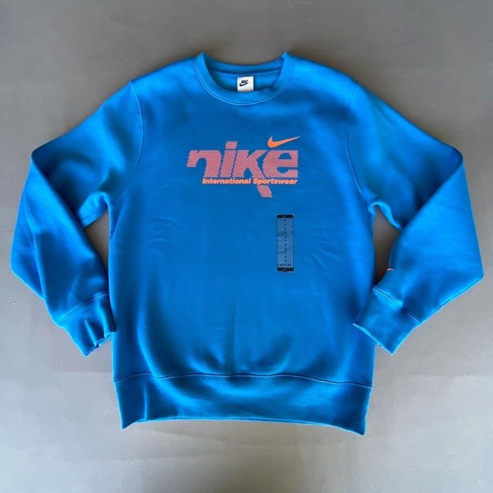 Nike International Sportswear Crew Sweatshirt Blue Orange Graphic Men's S NWT